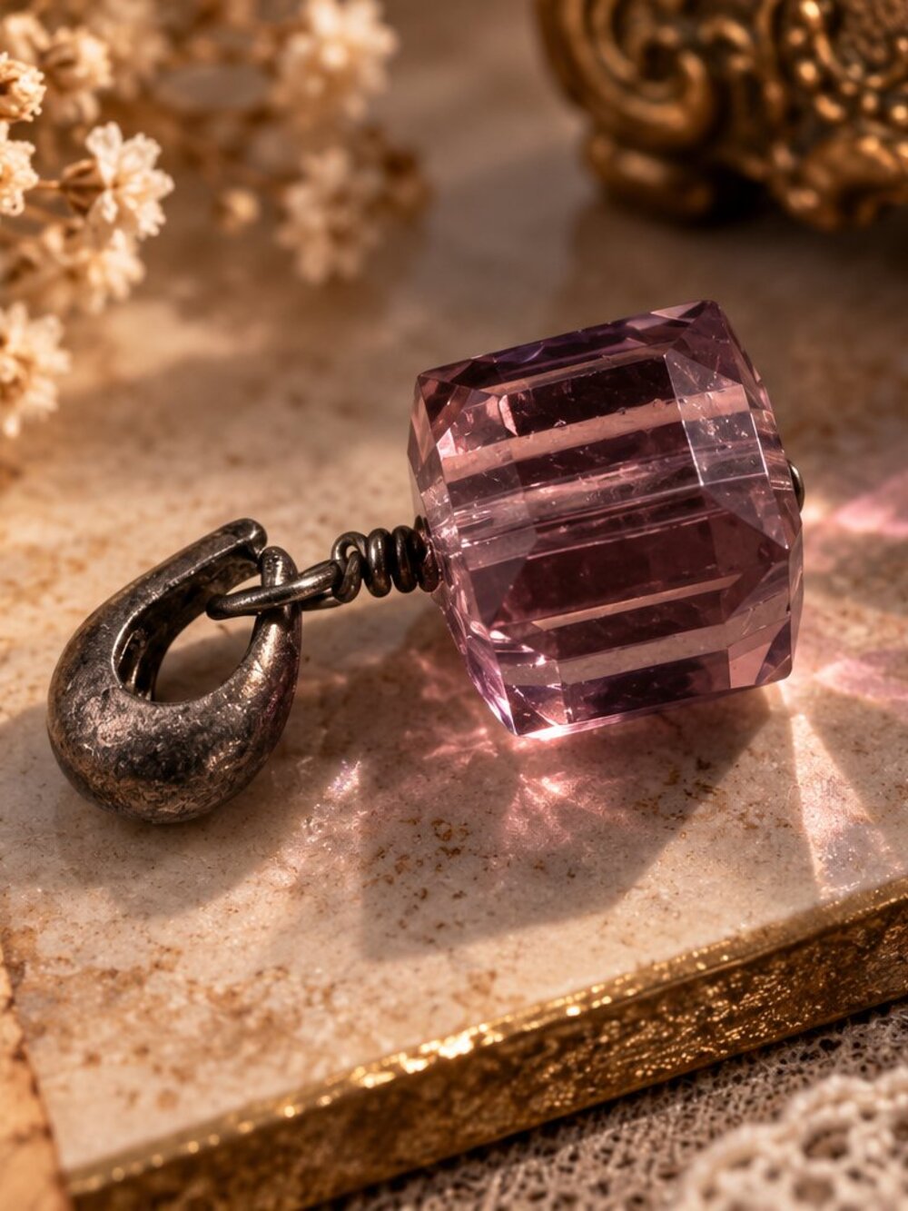 925 Sterling Silver Pink Faceted Crystal Cube Pendant